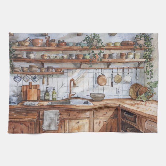 Boho Kitchen Interior Watercolor with Open Shelves Towel (Horizontal)