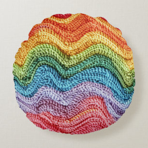 Boho Knit Striped Colorful, Cozy & Artisanal Vibes Round Pillow