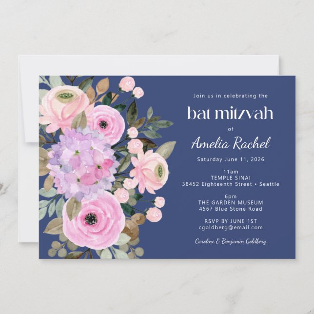 Boho Lavender Blue Floral Watercolor Bat Mitzvah Invitation (Front)