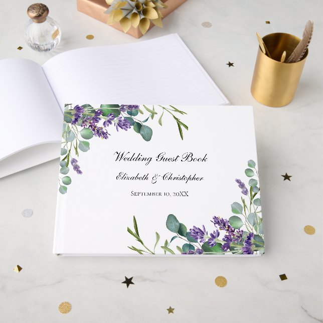 Boho Lavender Eucalyptus Greenery Wedding Guest Book (Front Open)