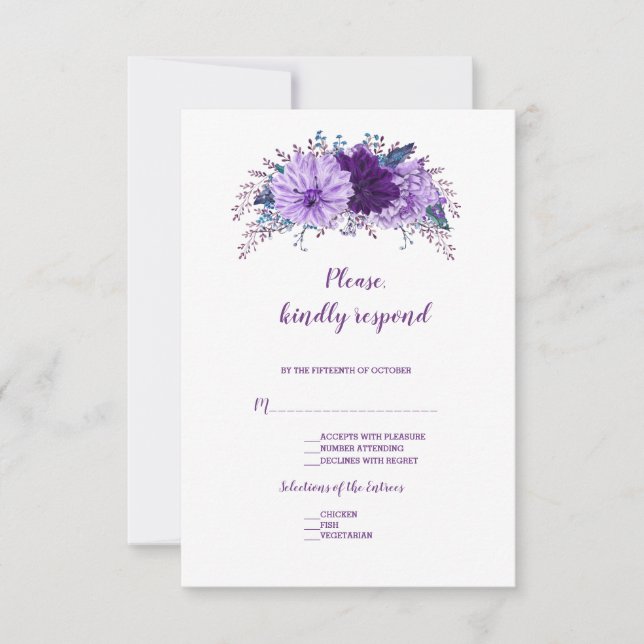 Boho Lavender Floral Plum Purple Wedding RSVP Card (Front)