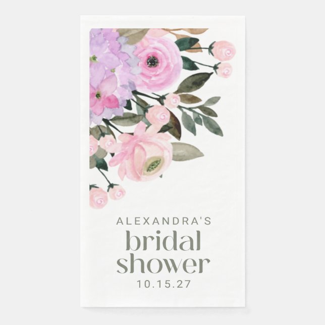 Boho Lavender Pink Floral Watercolor Bridal Shower Napkin (Front)