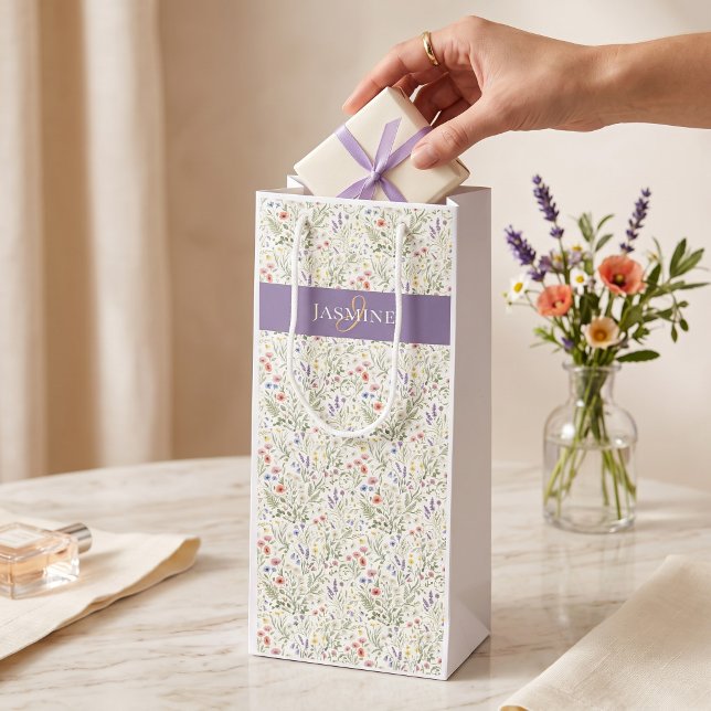 Boho Lavender Poppies Monogram Name Wildflower  Wine Gift Bag (Creator Uploaded)