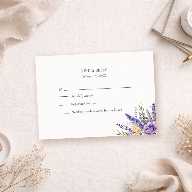Boho Lavender Watercolor Wildflower Wedding RSVP Card (Boho Lavender Watercolor Wildflower Wedding RSVP Card on a neutral table with botanical)