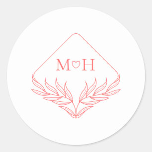 Boho Leaf Monogram Coral Pink Wedding Classic Round Sticker