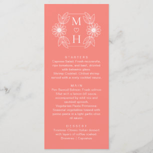 Boho Leaf Monogram Coral Pink Wedding Dinner Menu
