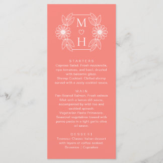 Boho Leaf Monogram Coral Pink Wedding Dinner Menu