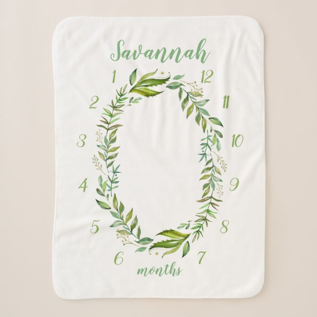 Boho Leaves Baby Name Monthly Milestone Photo Sherpa Blanket (Front)