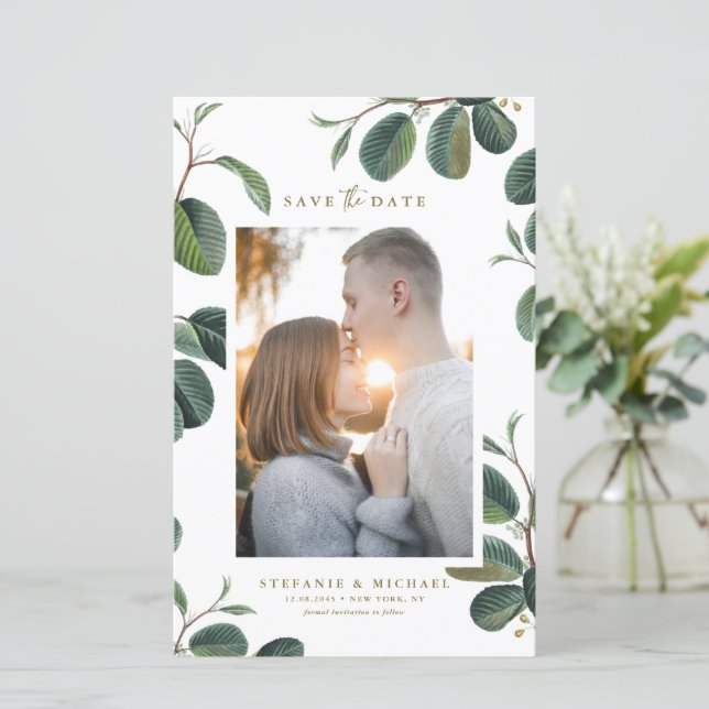 Boho Leaves Botanical White Photo Save the Date (Standing Front)
