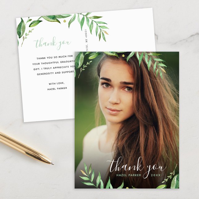 Boho Leaves Graduation Photo Thank You Postcard (Creator Uploaded)