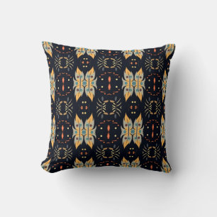 Boho Leaves mustard yellow and blue Throw Pillow