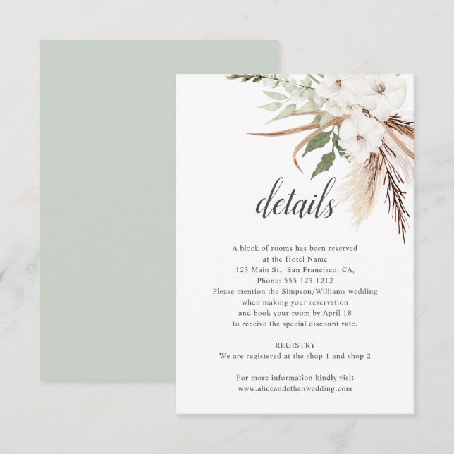 Boho Leaves Pampa Grass Wedding Details Enclosure Card (Front/Back)