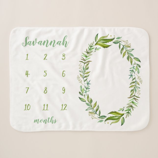 Boho Leaves Personalized Baby Milestone Photo Sherpa Blanket (Front (Horizontal))