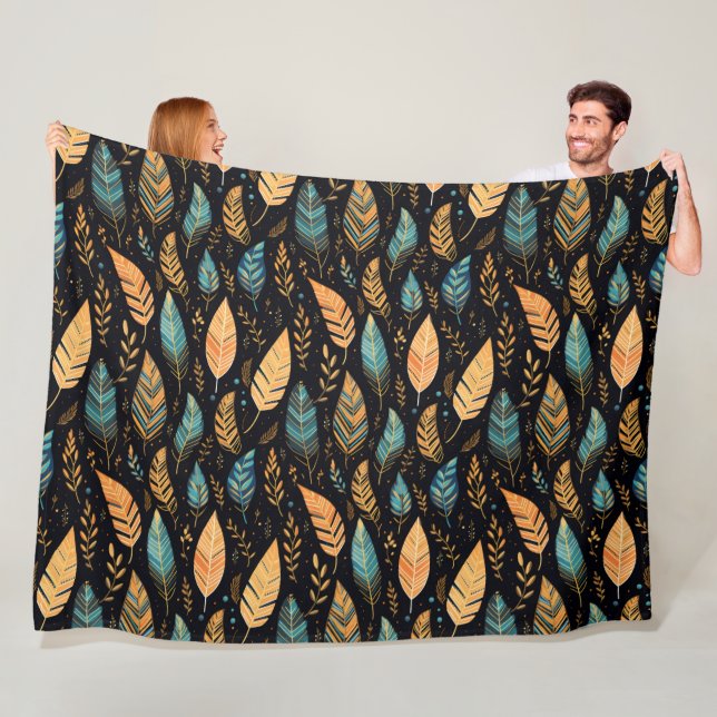 Boho Leaves teal Fleece Blanket (In Situ)