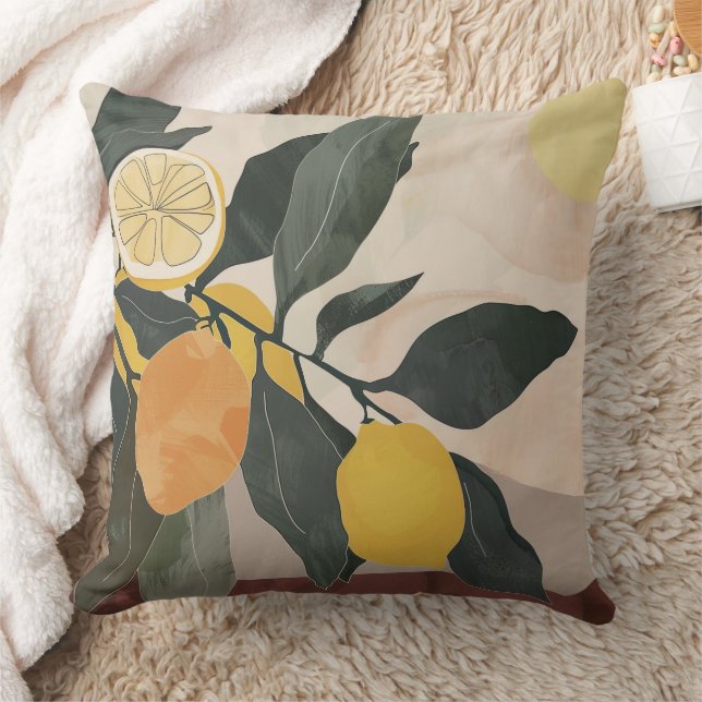 Boho Lemon Branch with Sun Abstract Fruit Artwork Throw Pillow (Blanket)