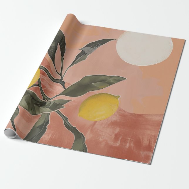 Boho Lemon Branch with Sun Minimalist Abstract (2) Wrapping Paper (Unrolled)