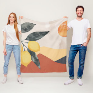 Boho Lemon Branch with Sun Minimalist Abstract Fleece Blanket