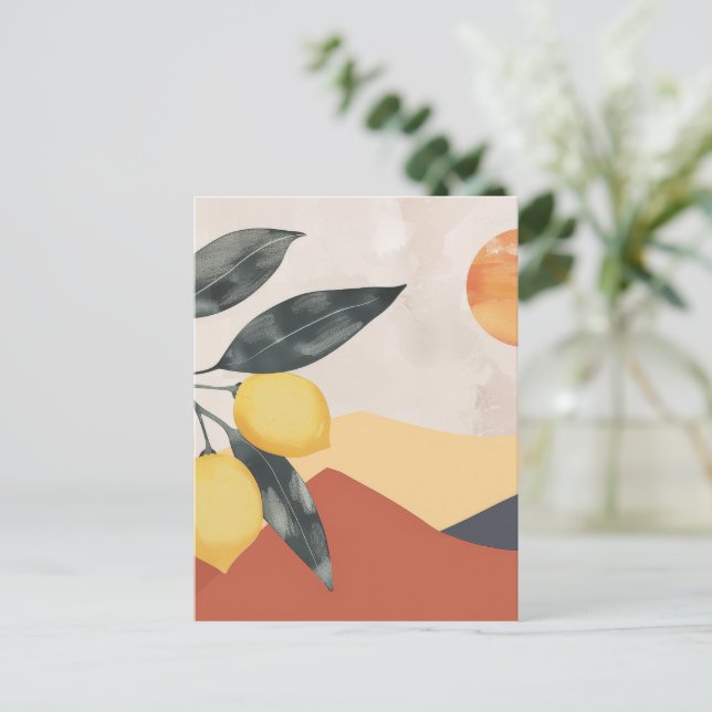 Boho Lemon Branch with Sun Minimalist Abstract Postcard (Standing Front)