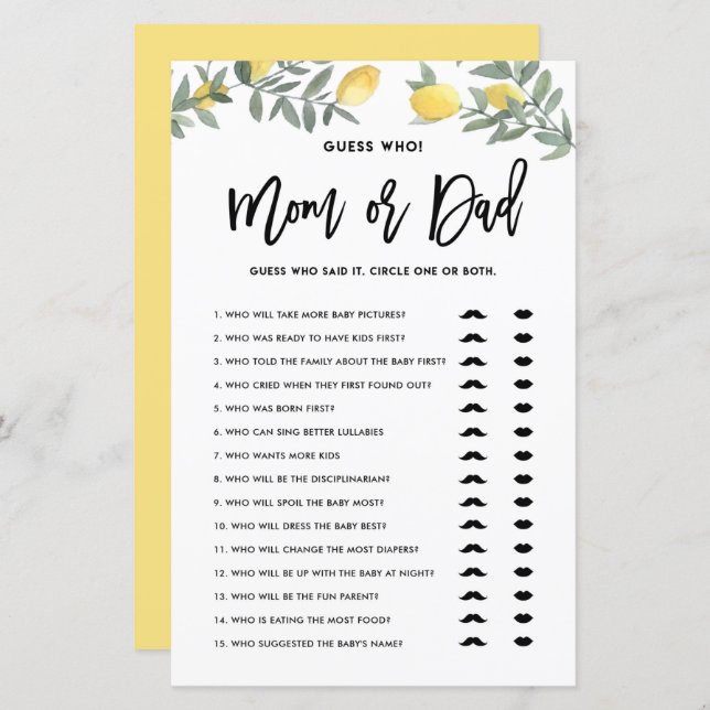 Boho Lemon Guess Who Mom or Dad Baby Shower Game (Front/Back)