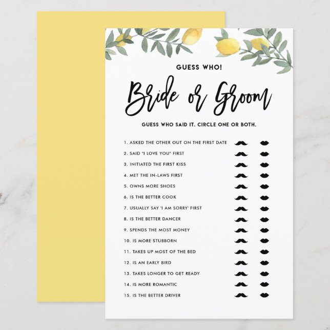 Boho Lemon He Said She Said Bridal Shower Game (Front/Back)