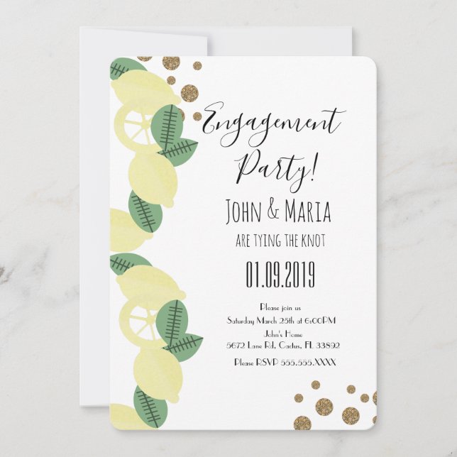 Boho Lemon Slices Engagement Party Faux Glitter Invitation (Front)