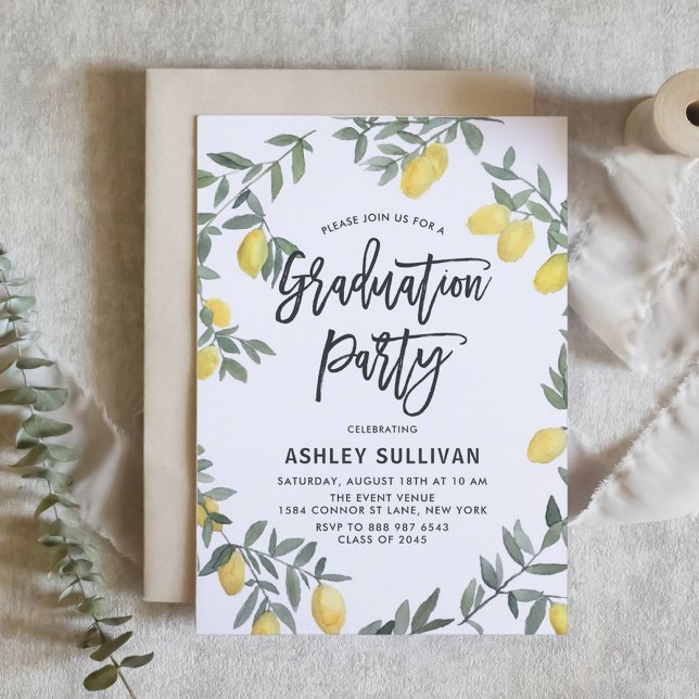 Boho Lemon Wreath Tropical Graduation Party Invitation (Customizable boho graduation invitation featuring watercolor lemon wreath. )