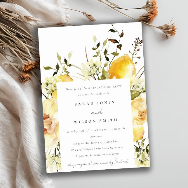 Boho Lemon Yellow Watercolor Floral Engagement Invitation (Creator Uploaded)