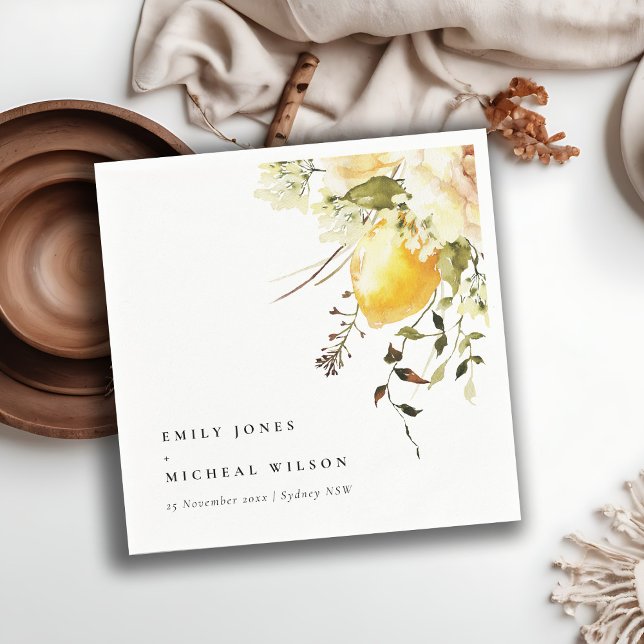 Boho Lemon Yellow Watercolor Floral Wedding Napkin (Creator Uploaded)