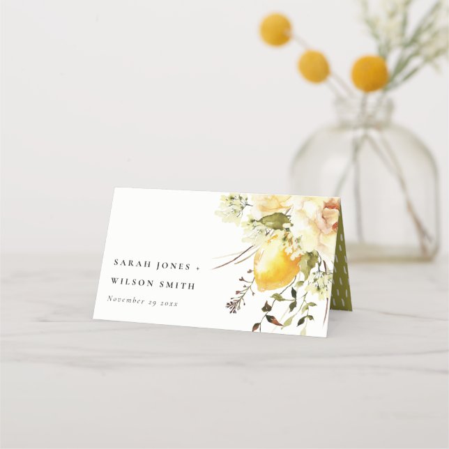 Boho Lemon Yellow Watercolor Floral Wedding Place Card (Front)