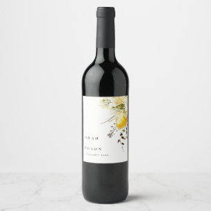 Boho Lemon Yellow Watercolor Floral Wedding Wine Label
