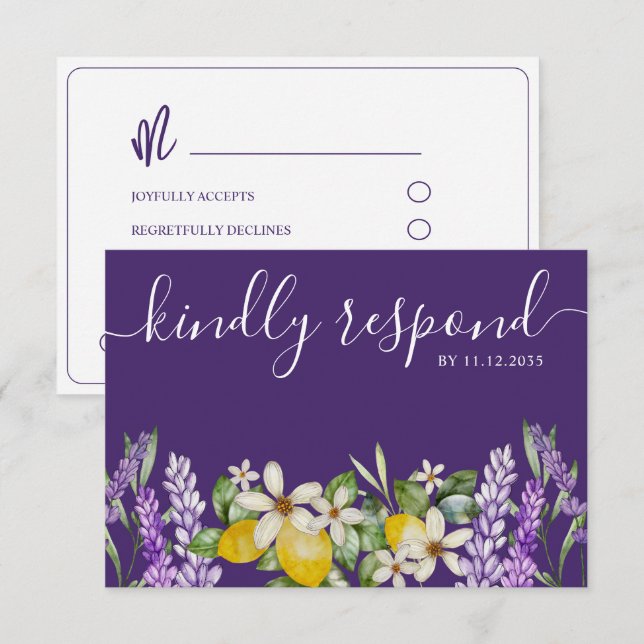 Boho Lemons & Lavender Wedding RSVP Card (Front/Back)