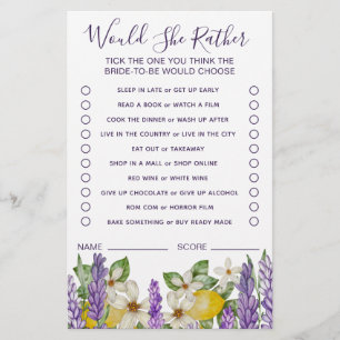 Boho Lemons & Lavender Would She Rather Game Flyer