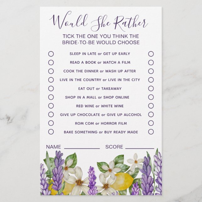 Boho Lemons & Lavender Would She Rather Game  Flyer (Front)