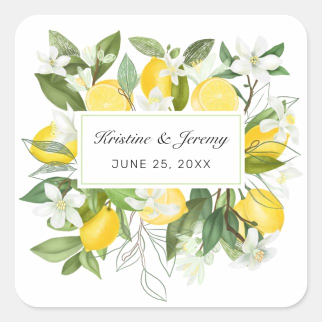 Boho Lemons Watercolor Floral Greenery Wedding Square Sticker (Front)