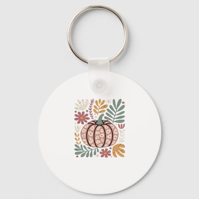Boho Leopard Pumpkin Fall � Retro Autumn Floral Ha Keychain (Front)