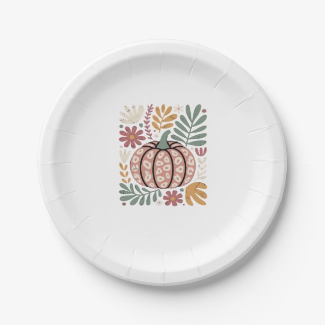 Boho Leopard Pumpkin Fall � Retro Autumn Floral Ha Paper Plate (Front)