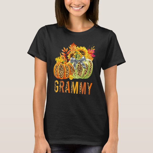 Boho Leopard Pumpkins Grammy Fall Leaves Autumn Th T-Shirt (Front)