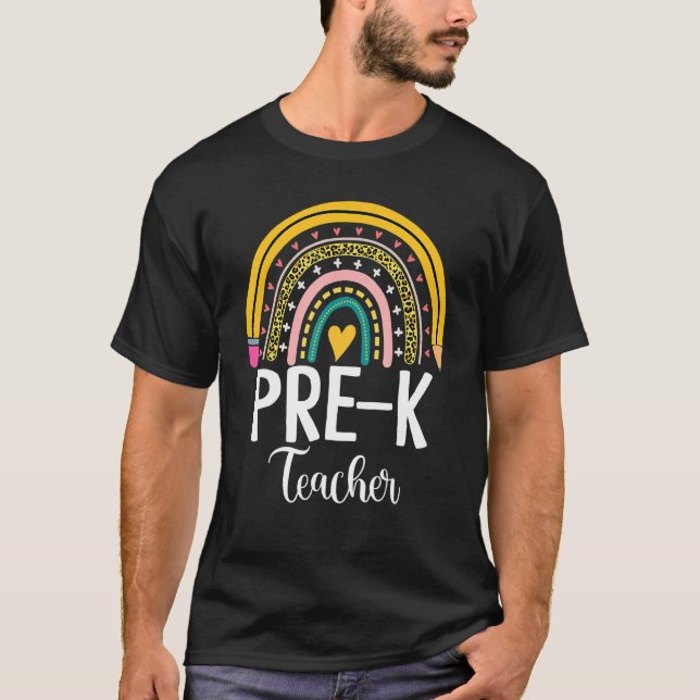 Boho Leopard Rainbow Back To School Pre K Teacher T-Shirt (Front)