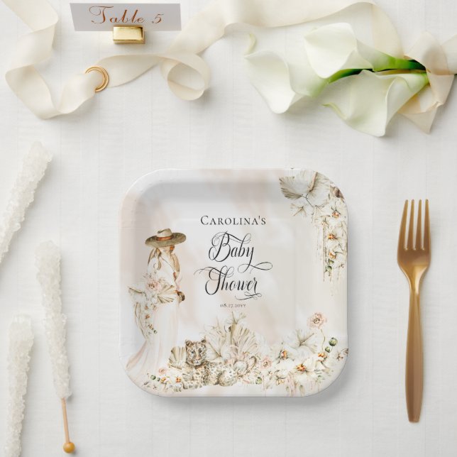 Boho Leopard | Woman Tropical Floral Baby Shower Paper Plate (Wedding)