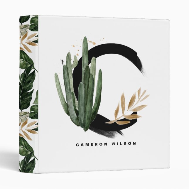 Boho Letter C Monogram Watercolor Tropical Cactus Binder (Front/Spine)