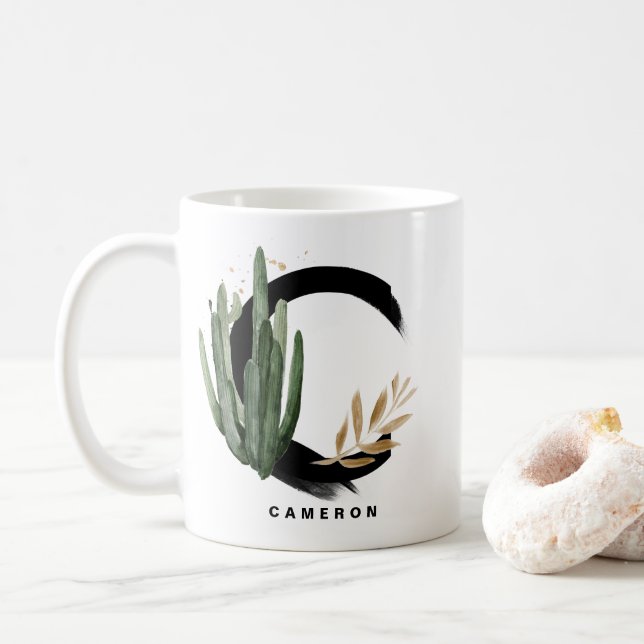 Boho Letter C Monogram Watercolor Tropical Cactus Coffee Mug (With Donut)