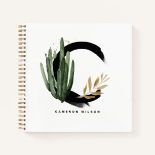 Boho Letter C Monogram Watercolor Tropical Cactus Notebook