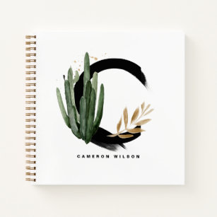 Boho Letter C Monogram Watercolor Tropical Cactus Notebook