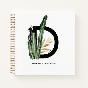 Boho Letter D Monogram   Tropical Cactus Custom Notebook