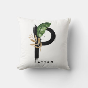 Boho Letter P Monogram Palm Leaves Tropical Throw Pillow