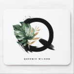 Boho Letter Q Monogram Tropical Monstera Leaf Mouse Pad<br><div class="desc">Customizable letter Q monogram mousepad featuring watercolor tropical monstera leaf,  faux gold foil leaf and black watercolor brush accents. Personalize this tropical monogram mousepad by your name or other details. This boho letter Q monogram mousepad will be perfect as a gift. Other letters are available.</div>