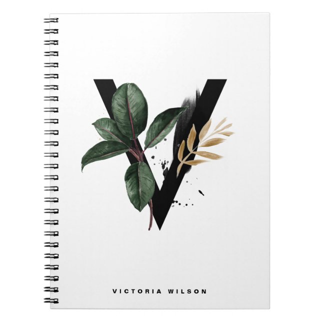 Boho Letter V Monogram Watercolor Tropical Leaves  Notebook (Front)
