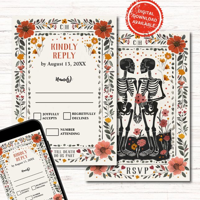 Boho Letterpress Style Skeleton Tarot Wedding RSVP Invitation (Creator Uploaded)