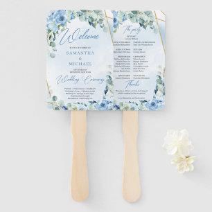 Boho light blue flowers eucalyptus and gold frame hand fan