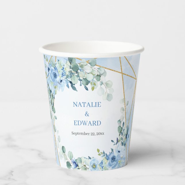 Boho light blue flowers eucalyptus and gold frame paper cups (Front)